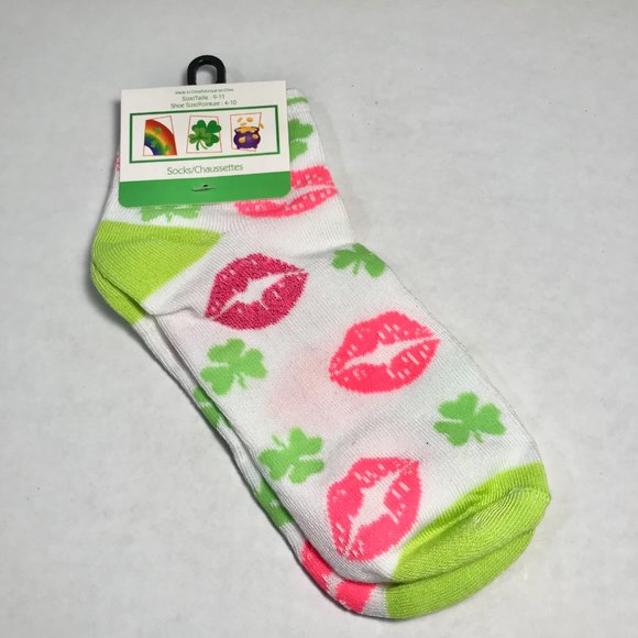 Shamrock Socks St Patricks Day Celtic Kiss me I'm Irish Green Clover 2 Pairs Lot - Picture 3 of 5